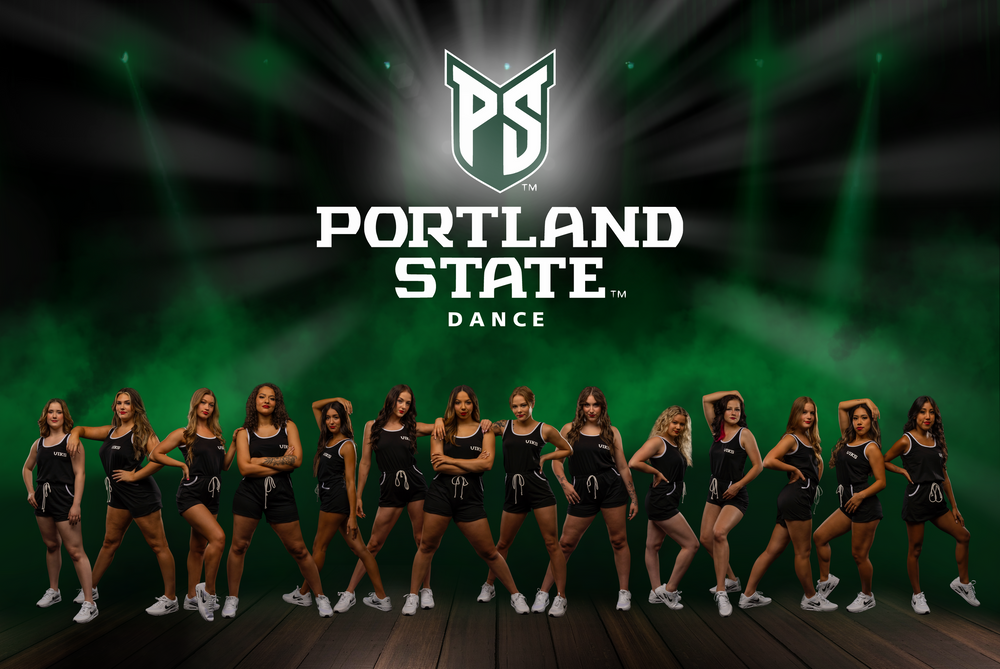 Portland State Dance team poses in black athletic wear against a green-lit background with university logo. Fleck of Light Photography.
