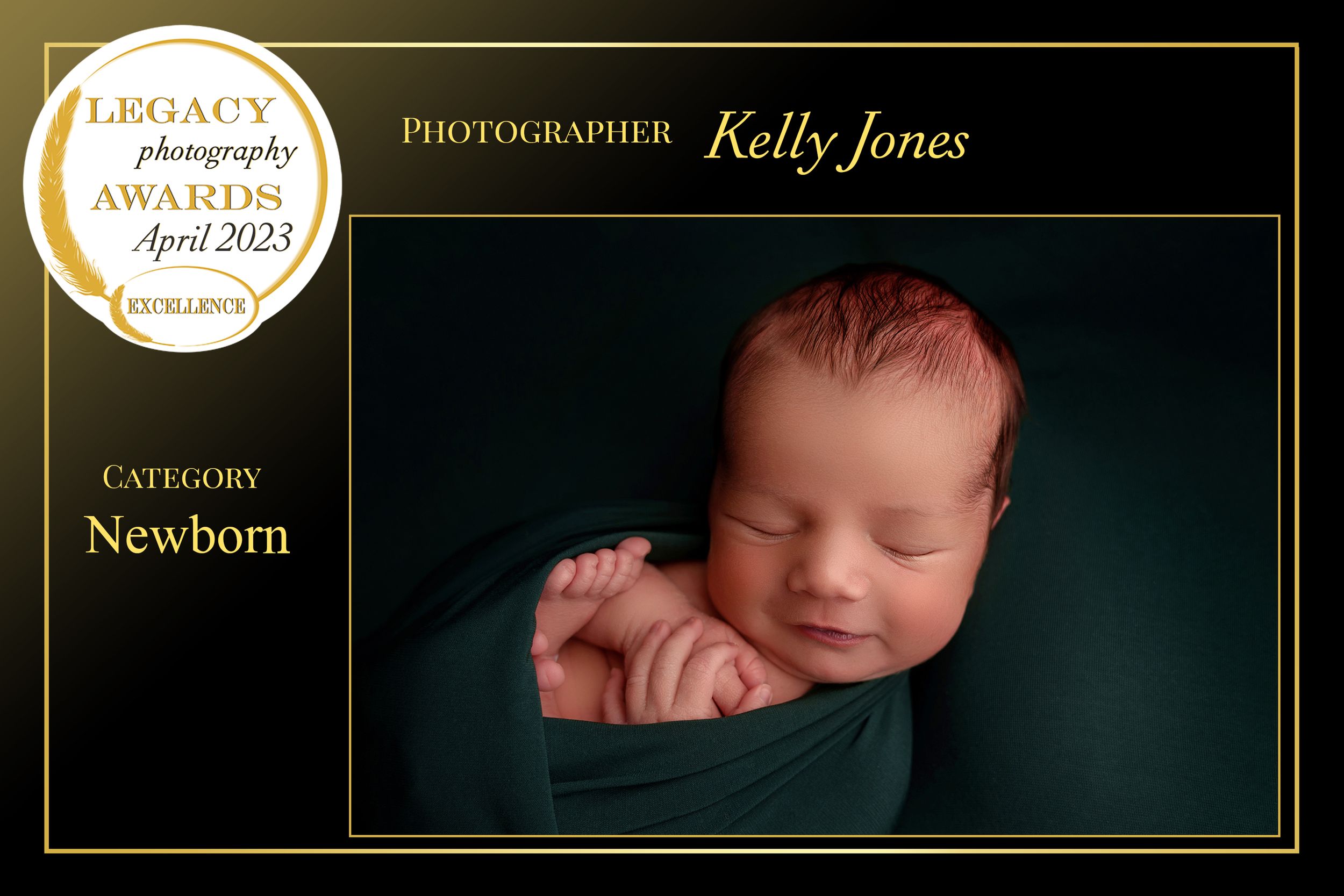 Artistic portrait of sleeping newborn against deep teal background with Legacy award frame.