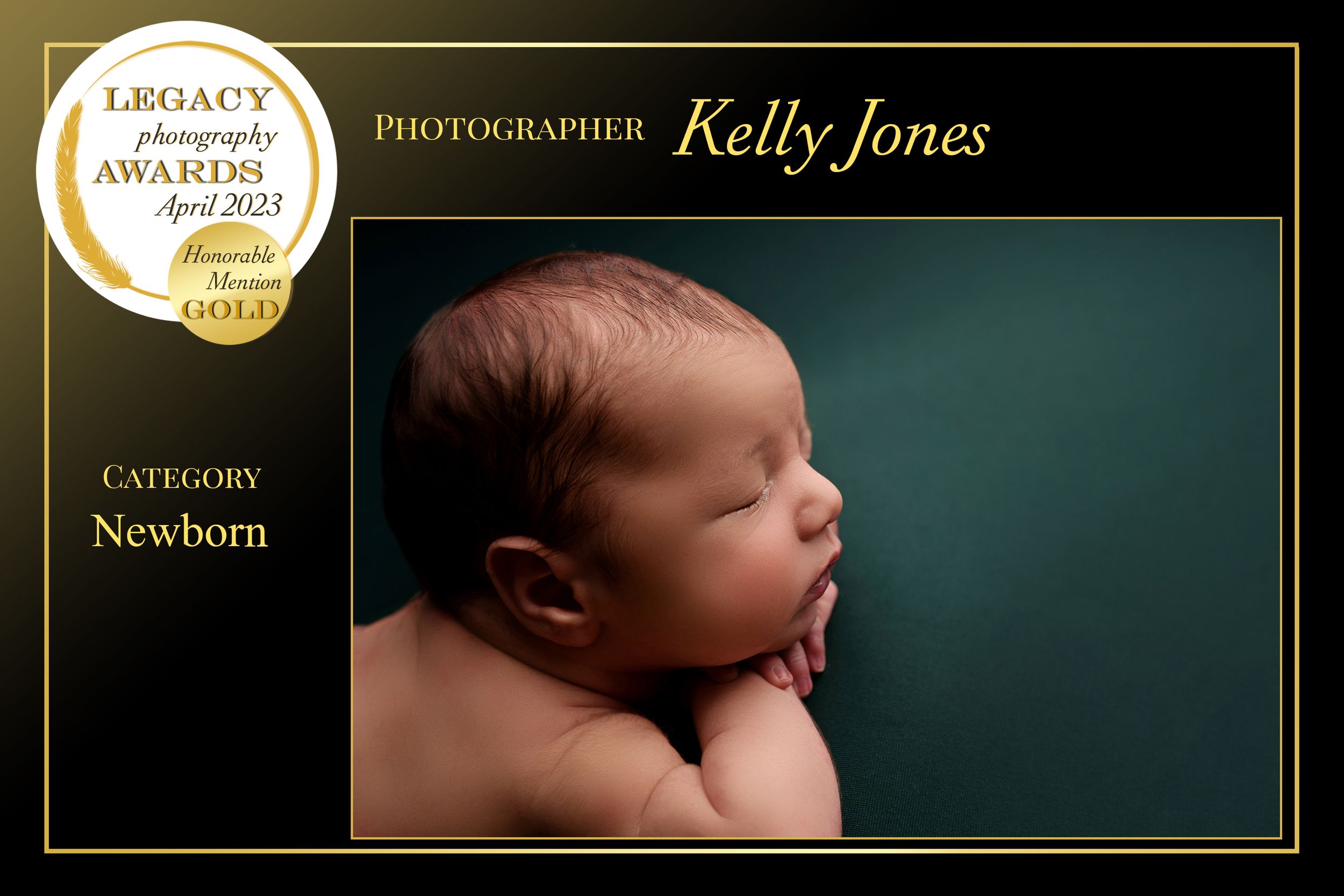Serene newborn portrait against dark teal background in artistic photography award entry.