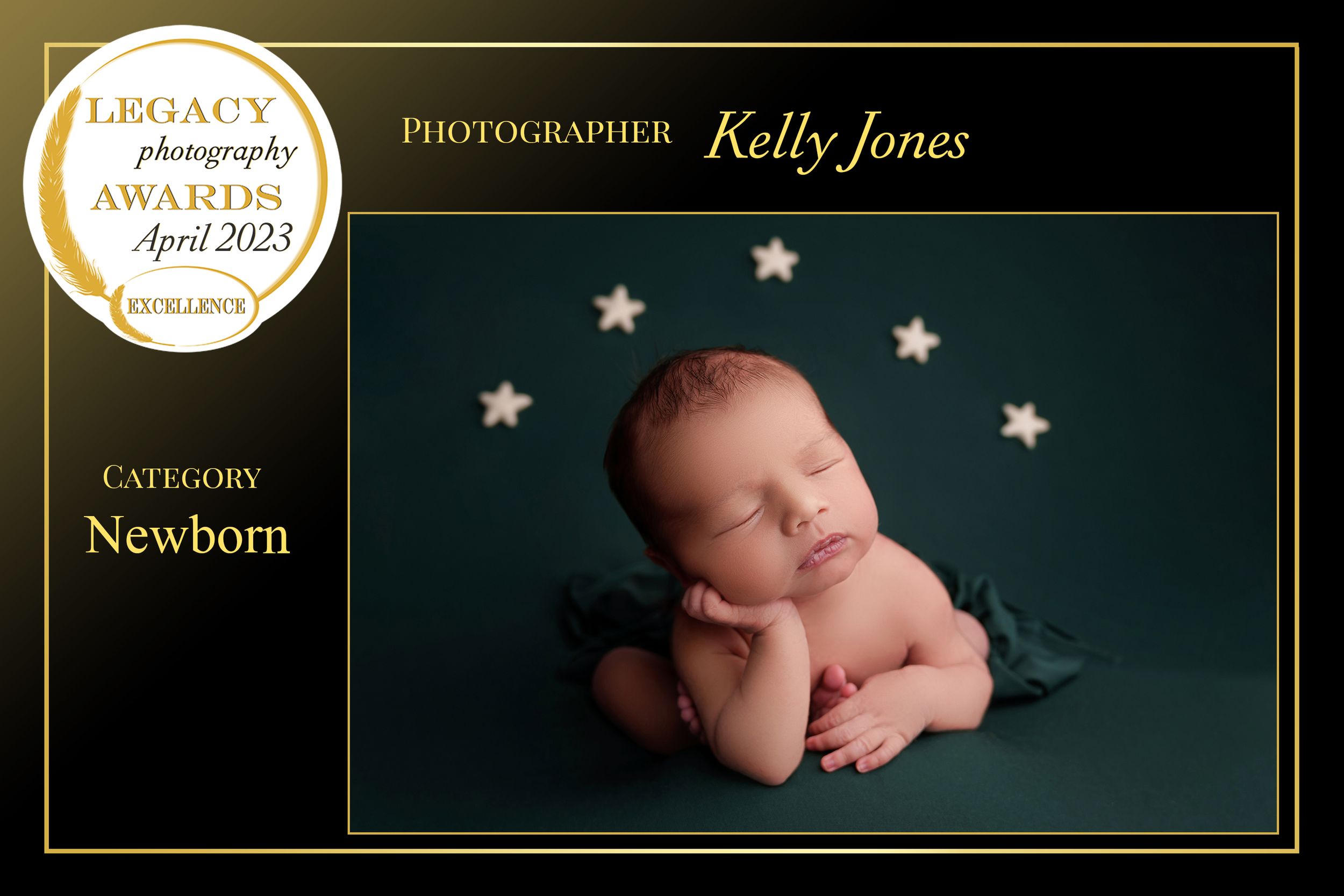 Artistic newborn portrait with decorative stars against dark background.