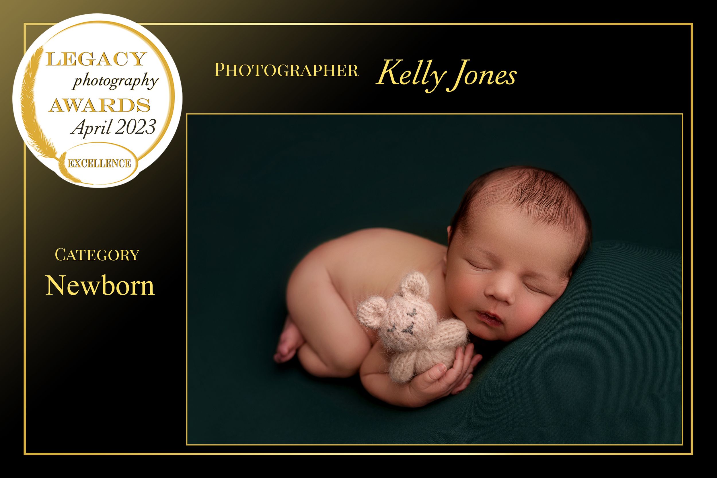 Peaceful sleeping newborn cuddling small teddy bear on dark backdrop.