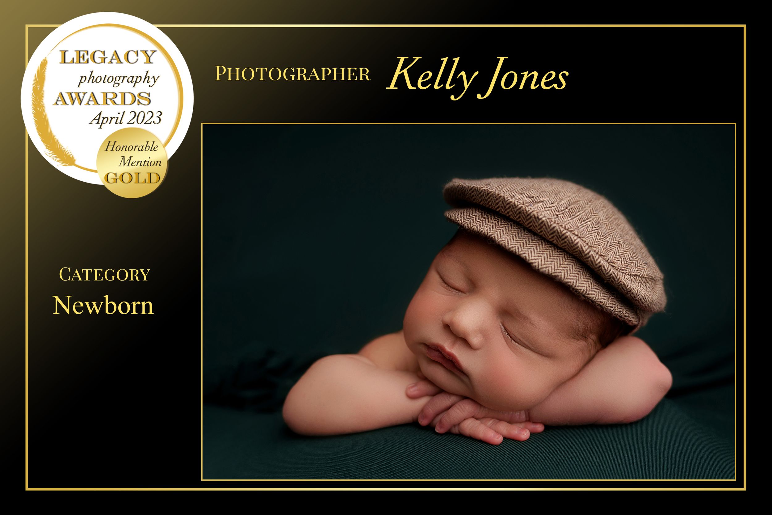 Sleeping newborn wearing newsboy cap with crossed hands in professional portrait.