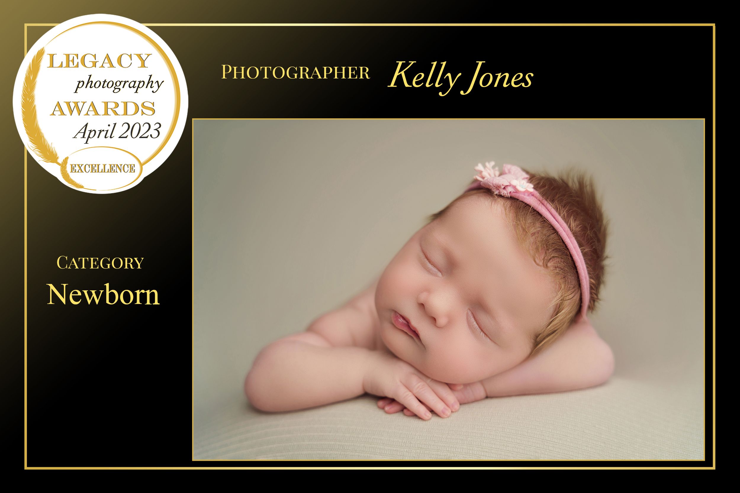 Sweet newborn with pink headband resting peacefully in soft lighting portrait.