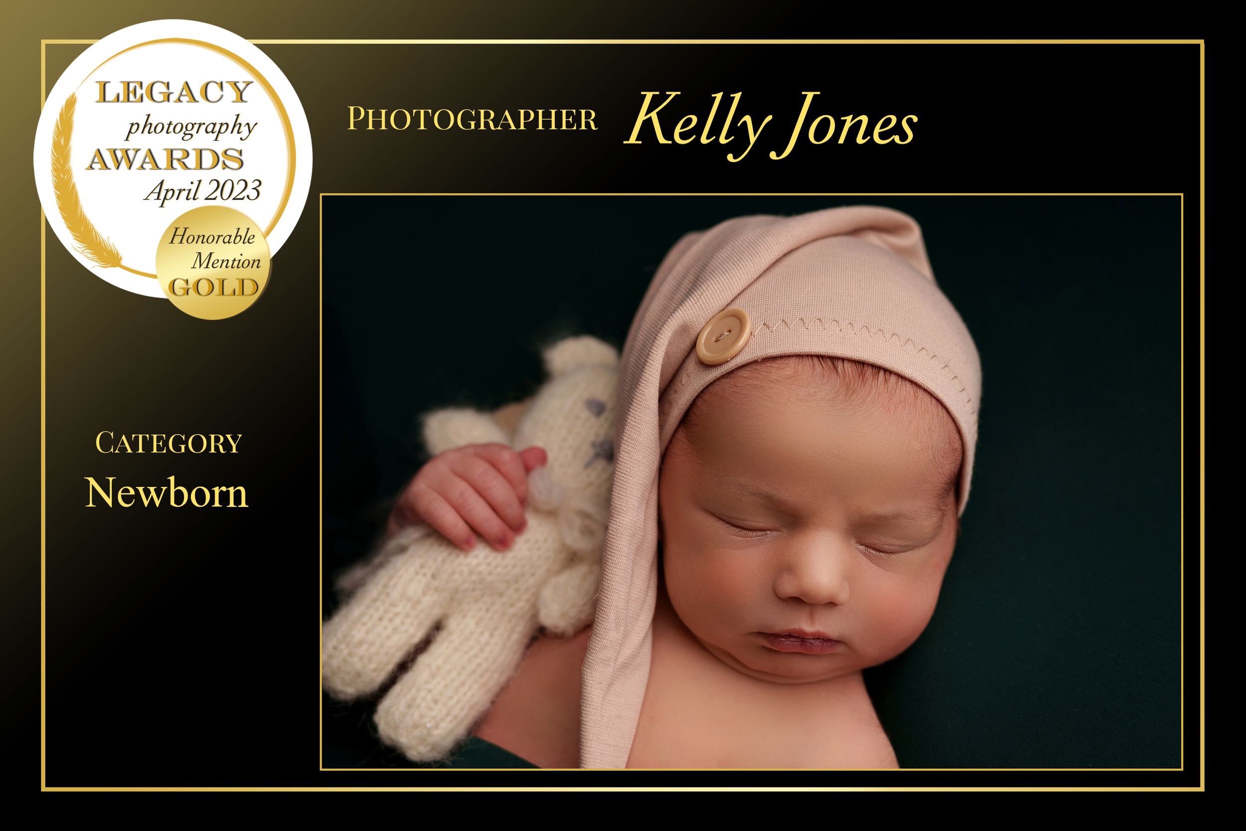 Peaceful sleeping newborn in pink hat next to plush toy bear in award-winning portrait photography.