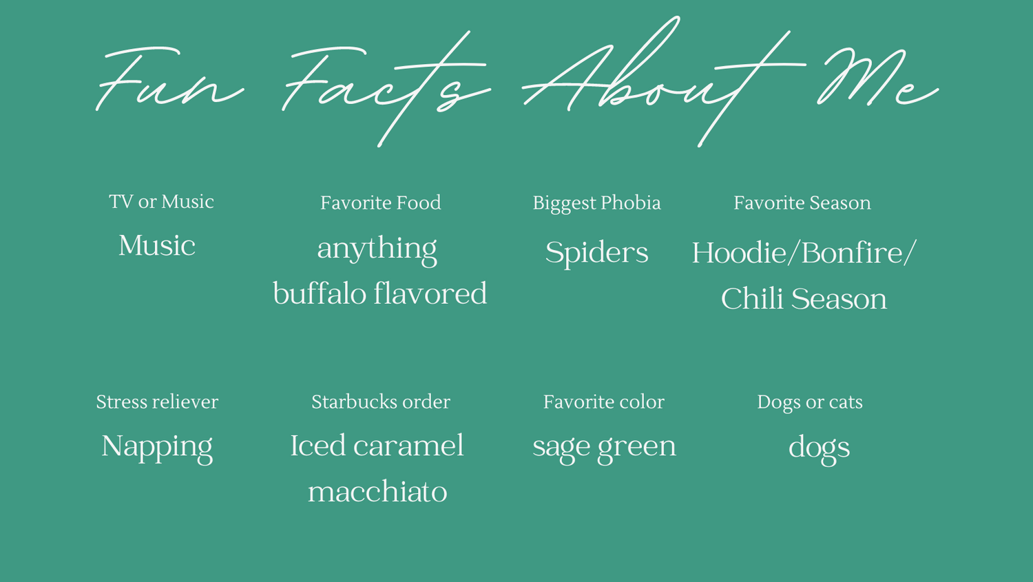 A teal green facts about me template with favorite foods and activities listed.