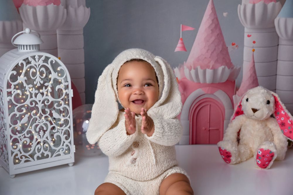 one year old smiling birthday portrait bunny costume Birmingham