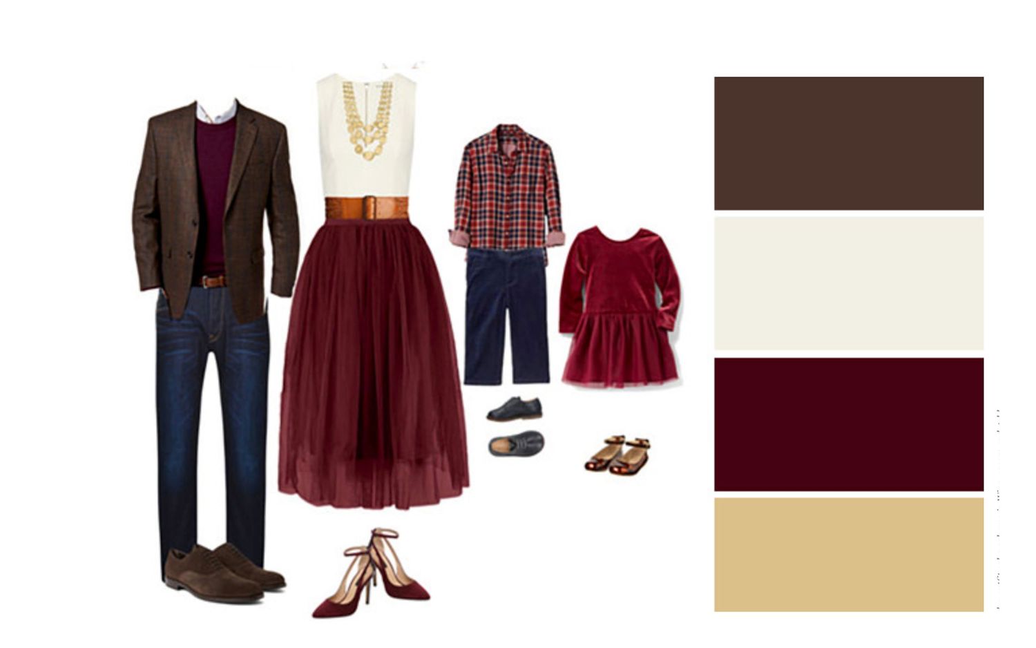 Holiday family outfit coordination guide with burgundy dresses and navy suits.
