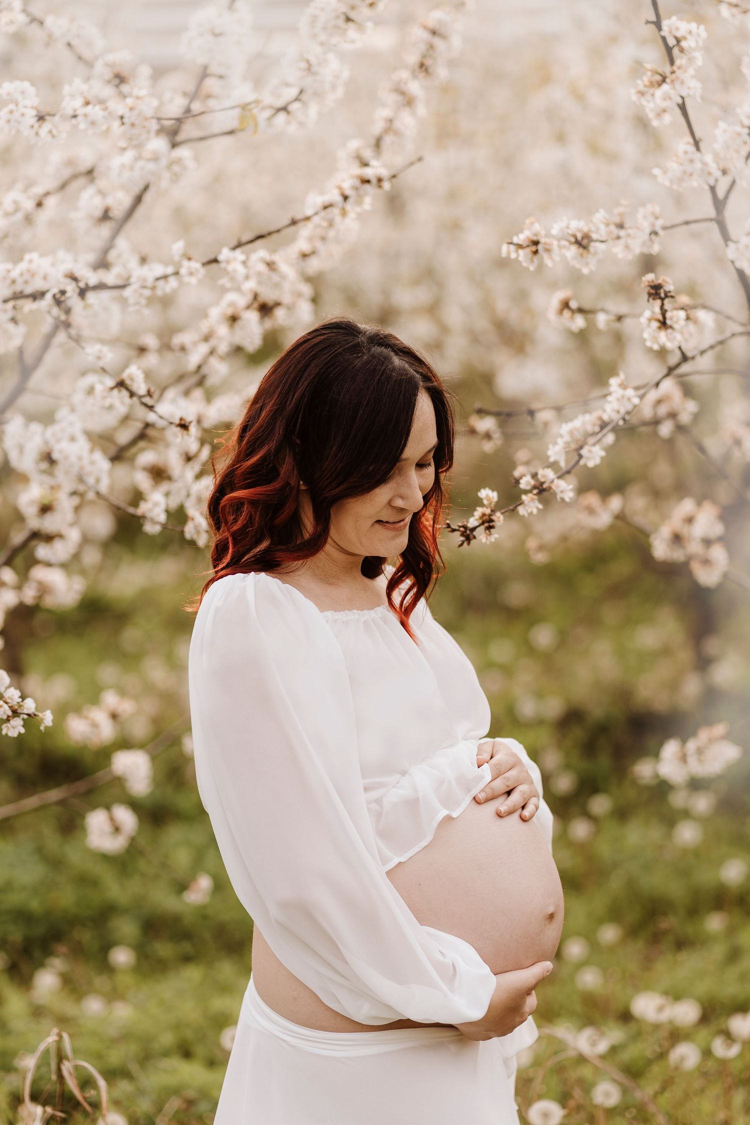 Pregnant woman in white dress cradling baby bump near blooming cherry trees.