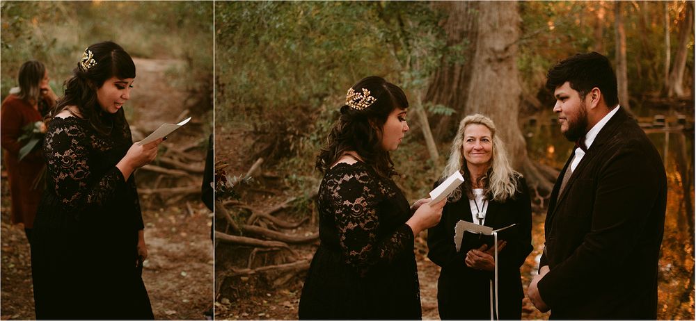 A woodland wedding ceremony with gothic elements surrounded by fall foliage.