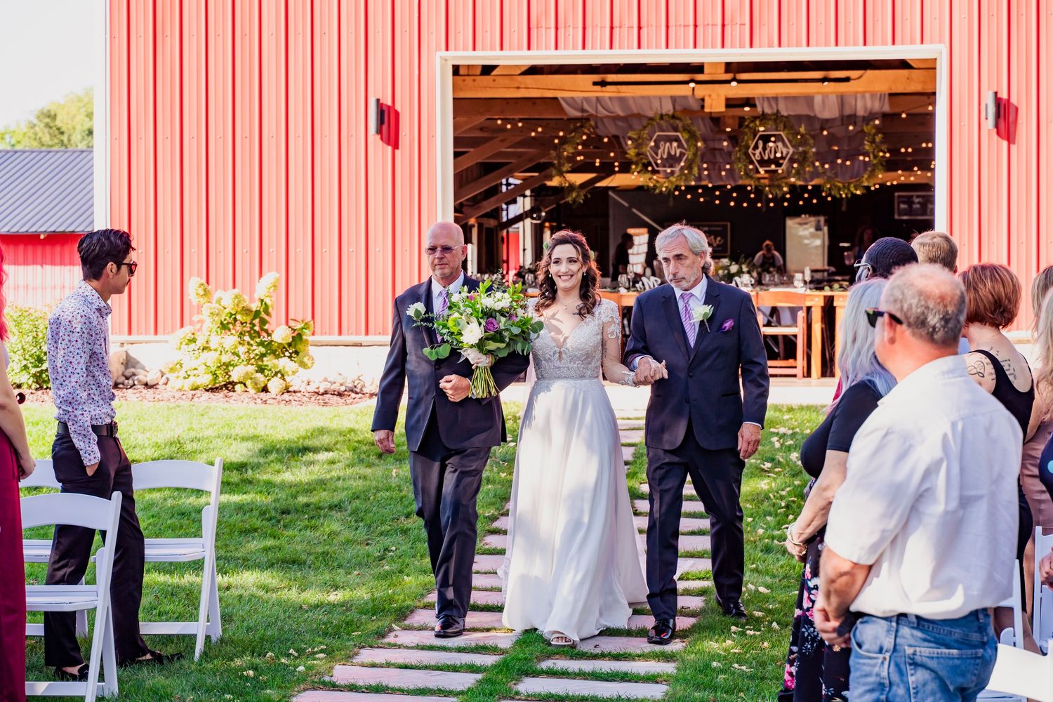 Dad and Stepdad walking bride down the aisle - Blue Heron Barn Wedding Ceremony
