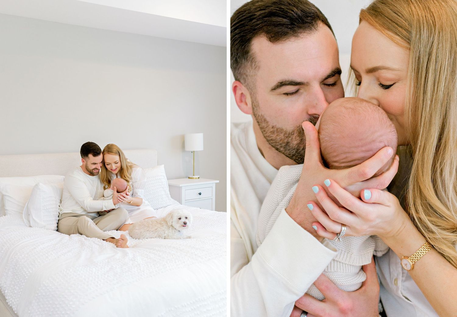 Collage of intimate family moments in white bedroom setting with pet dog.