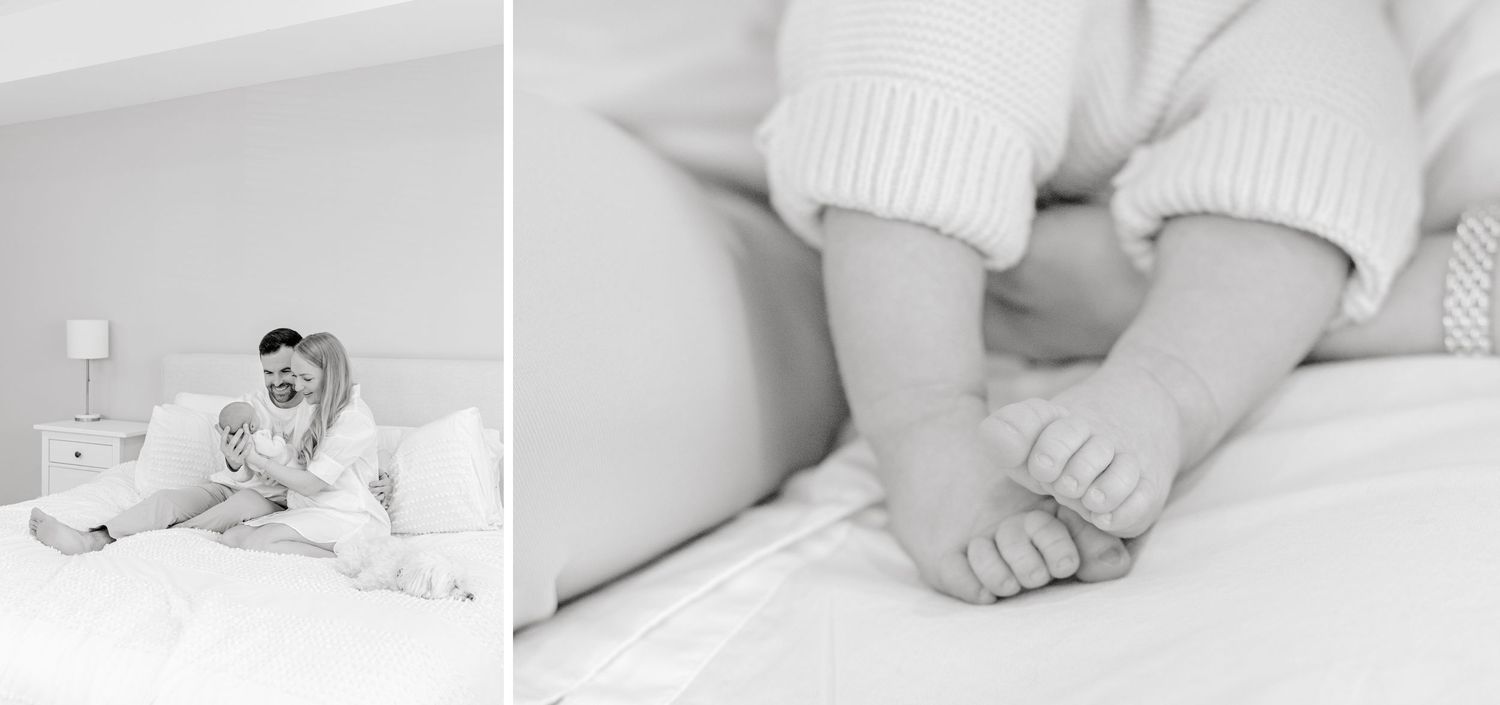 Black and white photos showing tender family moments with tiny baby feet.