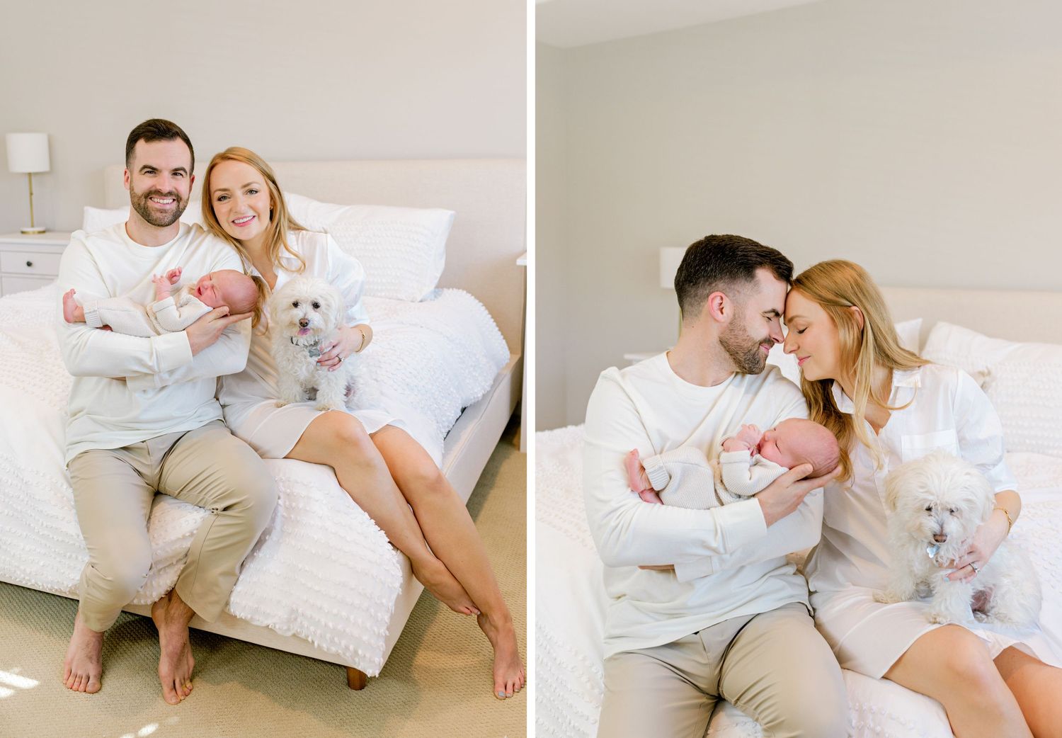 Two photo collage of family bonding with newborn baby and pet dog on white bedding.