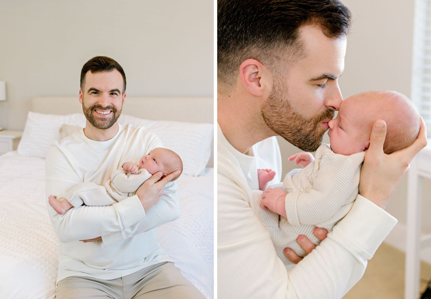 Two photos showing parent sharing loving moments with newborn baby on bed.