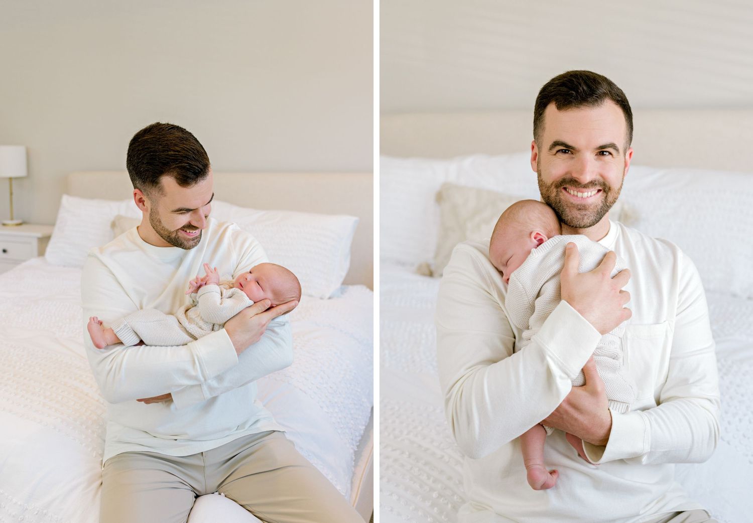 Two tender newborn photography portraits showing a baby in white being cradled against a light neutral backdrop.