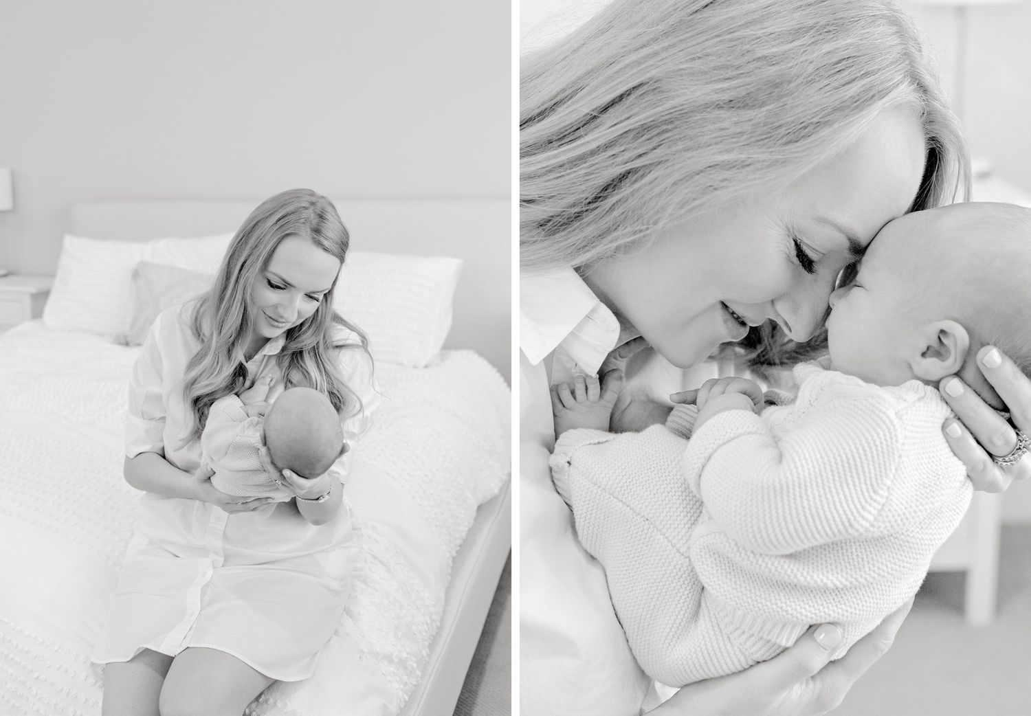 Black and white newborn photography diptych capturing tender moments in soft natural window light.