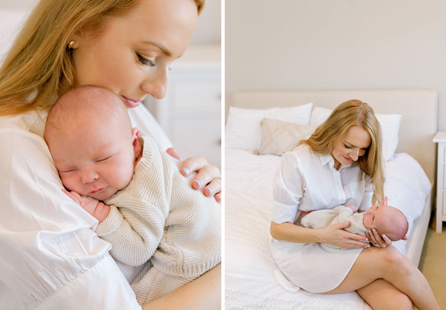 Lifestyle newborn photography diptych showing tender moments in a bright bedroom setting.