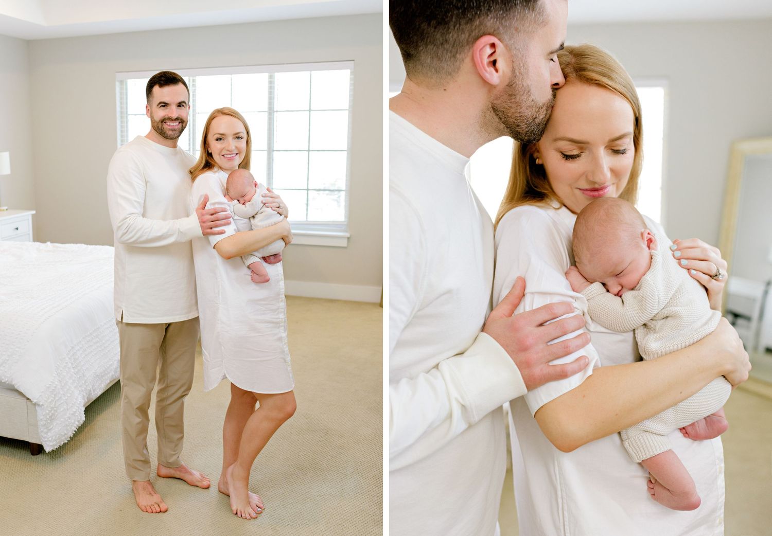 Lifestyle family photography diptych capturing tender newborn moments in a bright minimal bedroom.