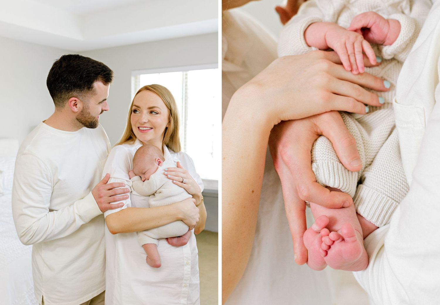 Lifestyle diptych showing tender family moments with newborn and close-up details of tiny hands.