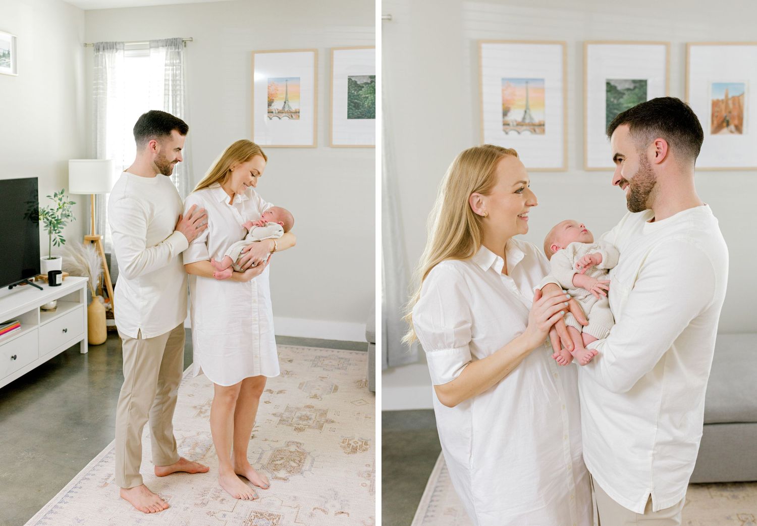 A tender newborn photography session in a bright white nursery with parents in matching white outfits.