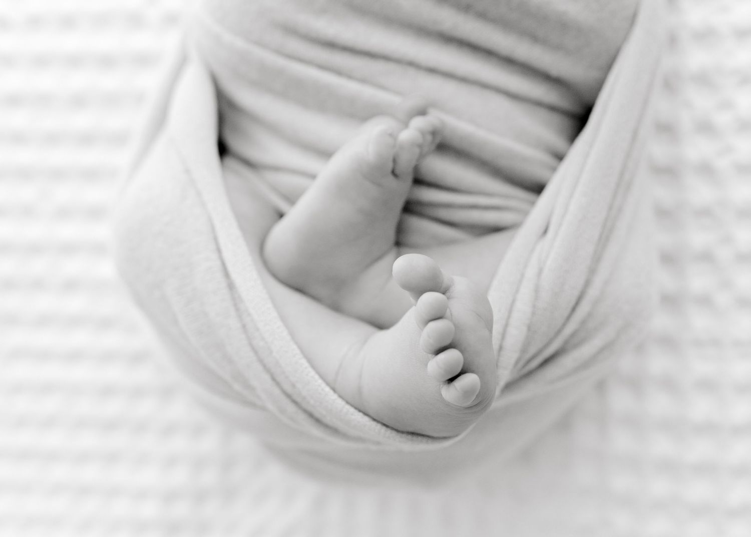 Close-up black and white photo of baby feet wrapped in soft white fabric.