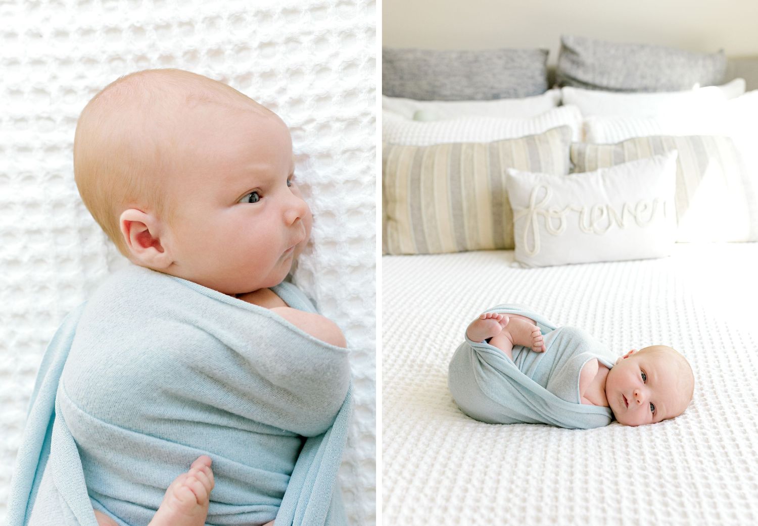 Two connected photos of a baby wrapped in blue fabric on white bedding.