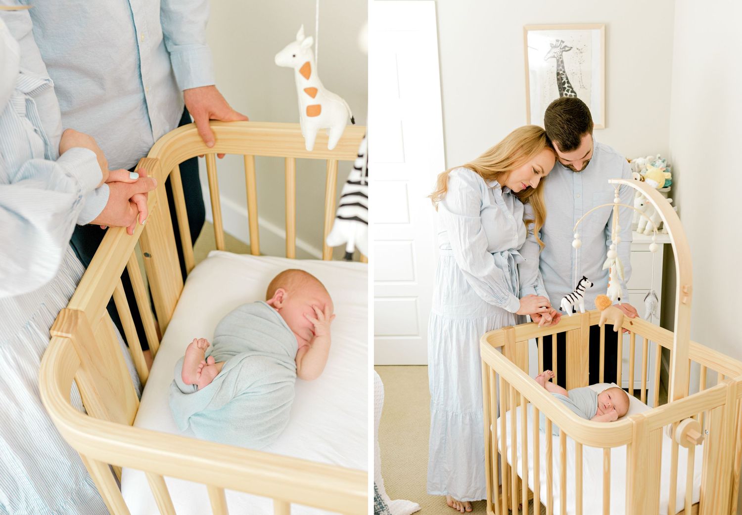 Lifestyle photos of parents tending to baby in wooden crib with giraffe decor.