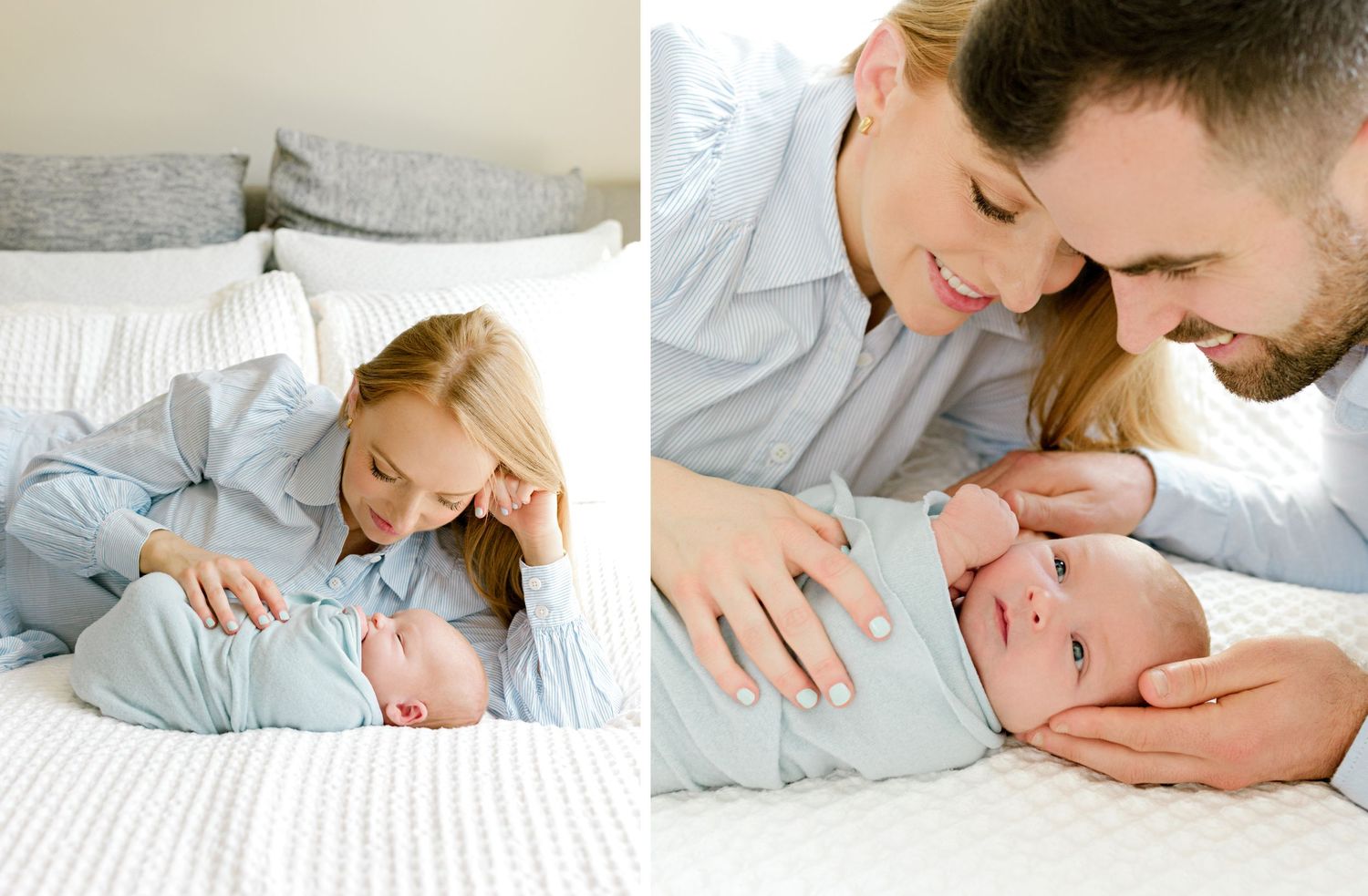 Sweet lifestyle photos of family bonding with newborn baby on bed.