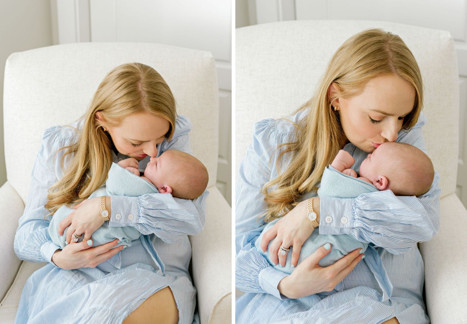 Sweet moment captured of mother and baby bonding in matching light blue outfits.