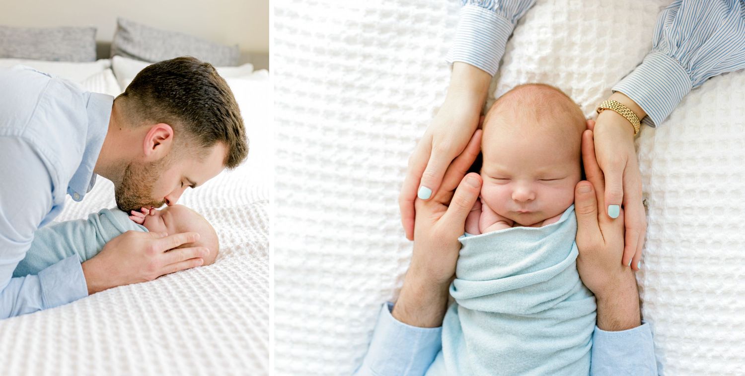 Split image showing tender moments with a sleeping baby wrapped in light blue.
