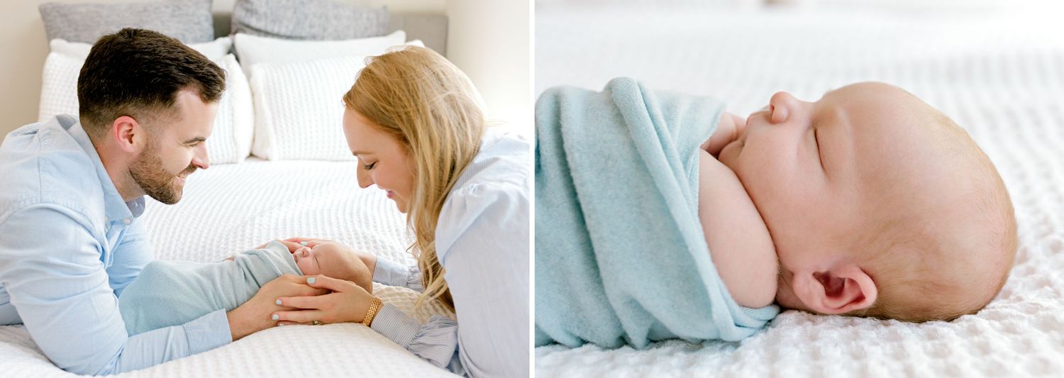 Studio portraits of a sleeping newborn with loving adults and gentle touches.