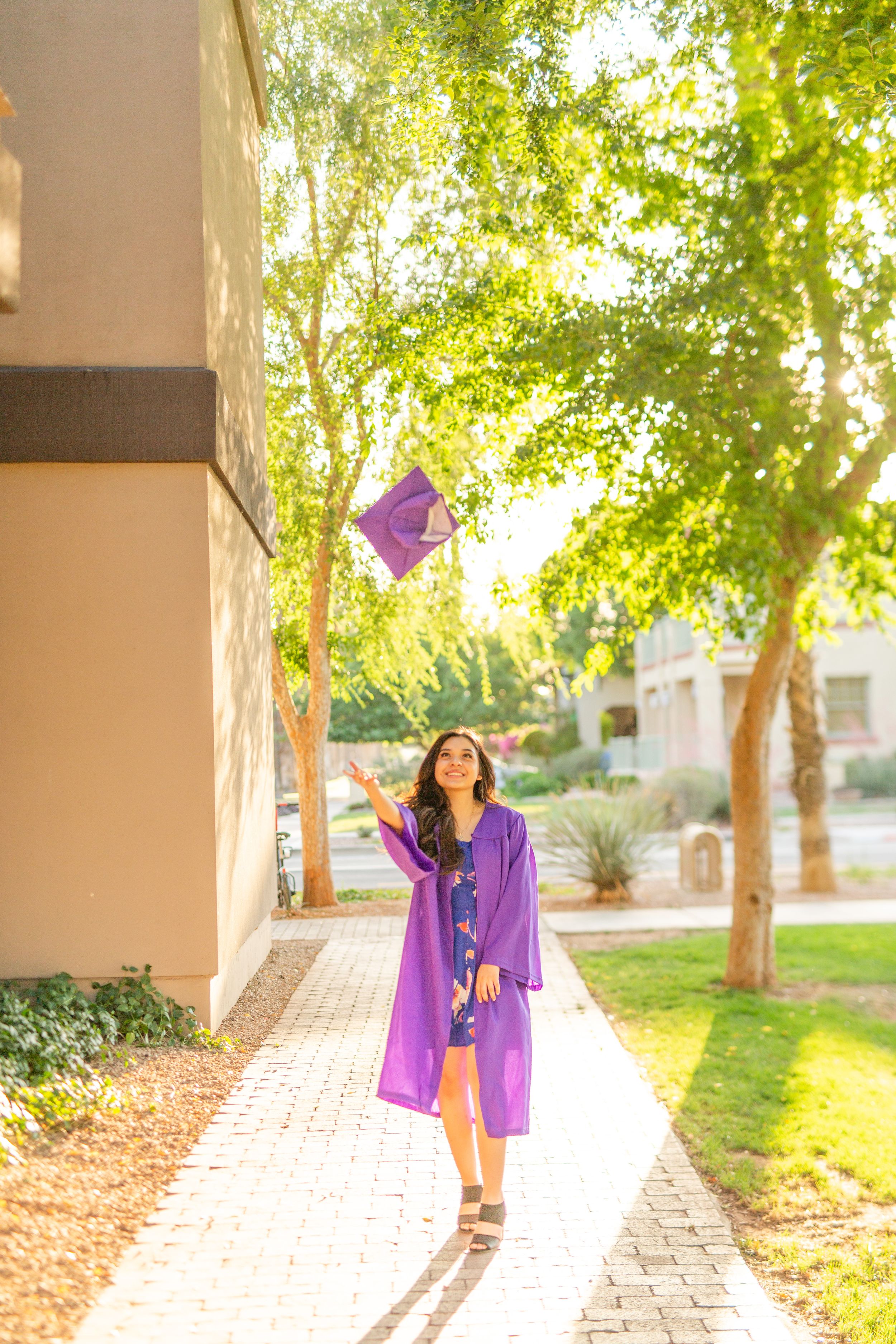 Graduate in purple cap and gown walking along a sunlit brick path surrounded by trees.