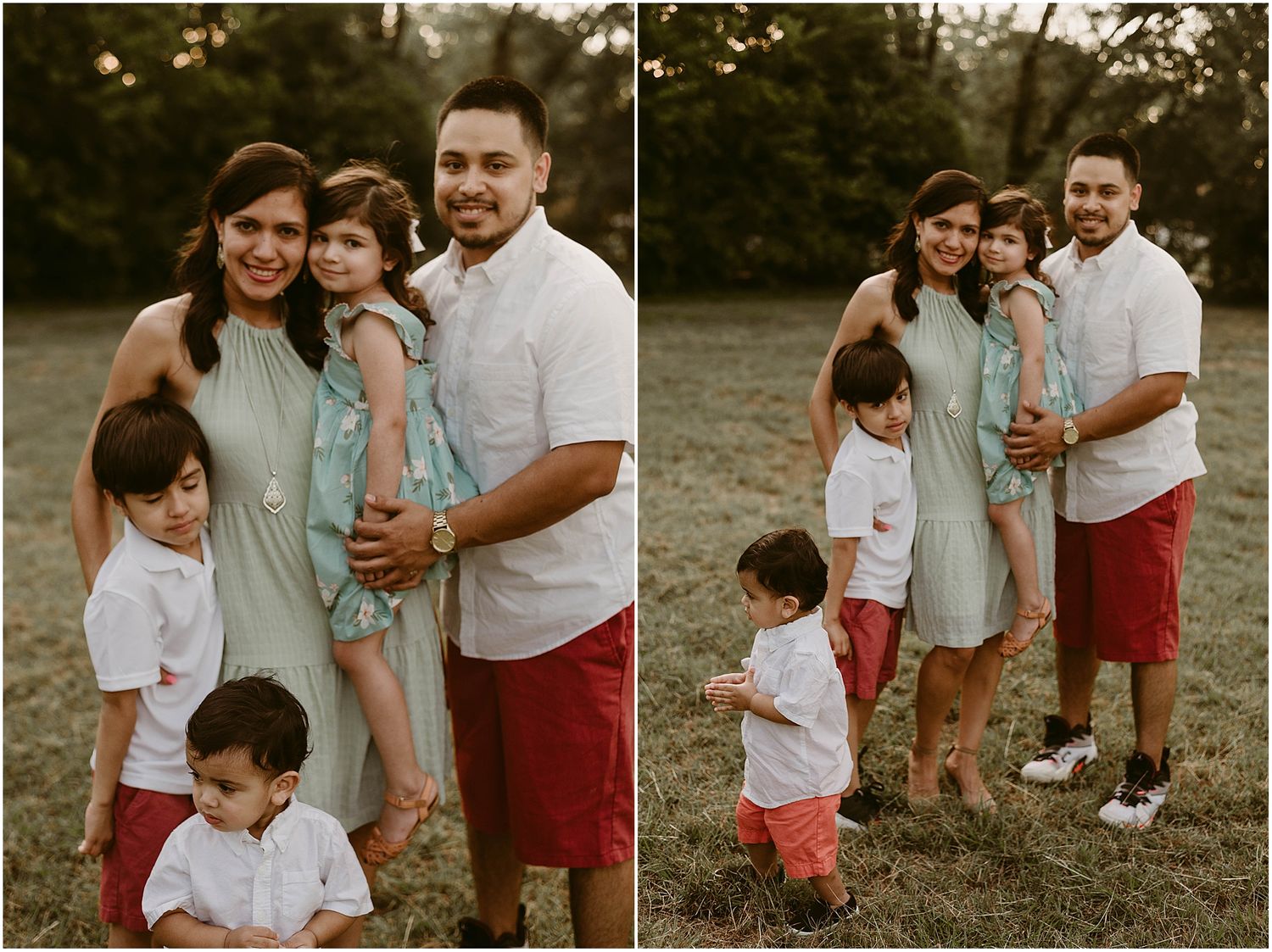 A family portrait series showing both posed and candid moments outdoors in coordinated outfits.