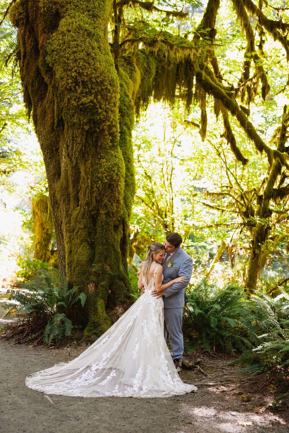 Bride and groom embrace beneath a stunning moss-covered tree in a lush green forest.
