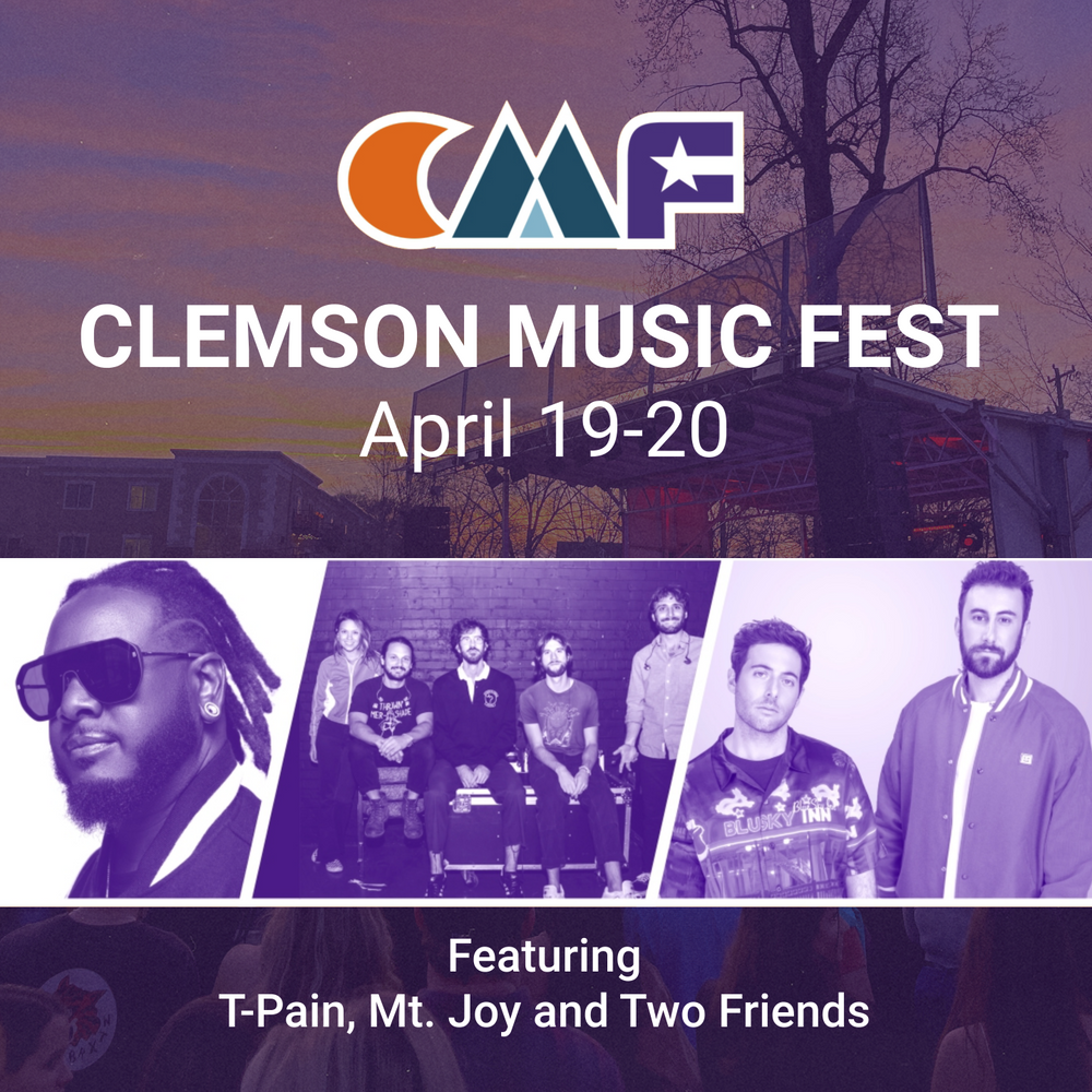 Promotional poster for Clemson Music Fest featuring T-Pain and Mt. Joy against a sunset backdrop.