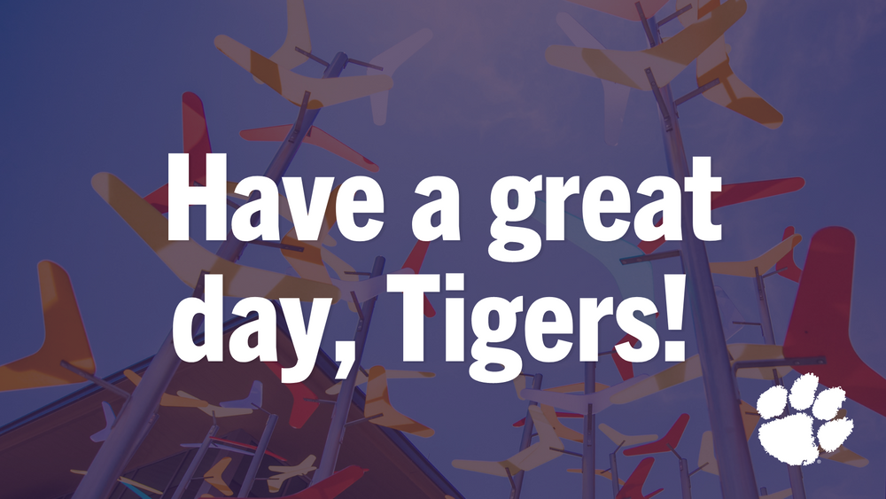 Clemson Tigers spirit graphic with orange confetti background and white text.