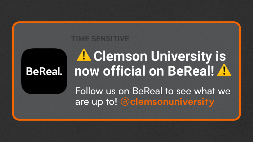 BeReal social media announcement graphic for Clemson University's official account.