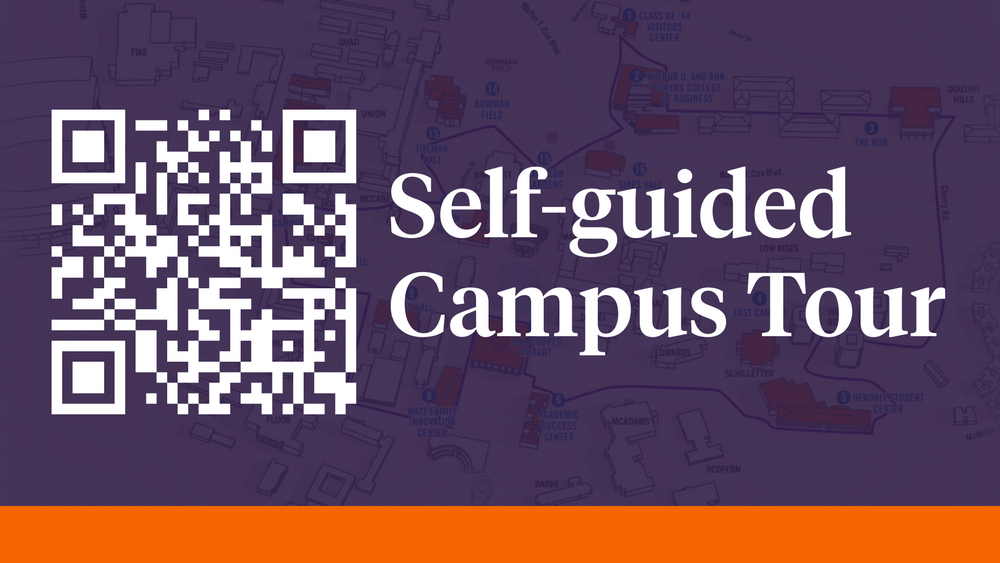 QR code and text advertising a self-guided campus tour with purple background.