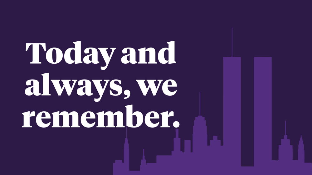 Purple memorial graphic showing New York City skyline silhouette with twin towers.