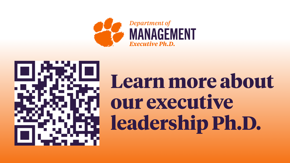 QR code and text promoting Clemson Management Department's executive leadership Ph.D. program.
