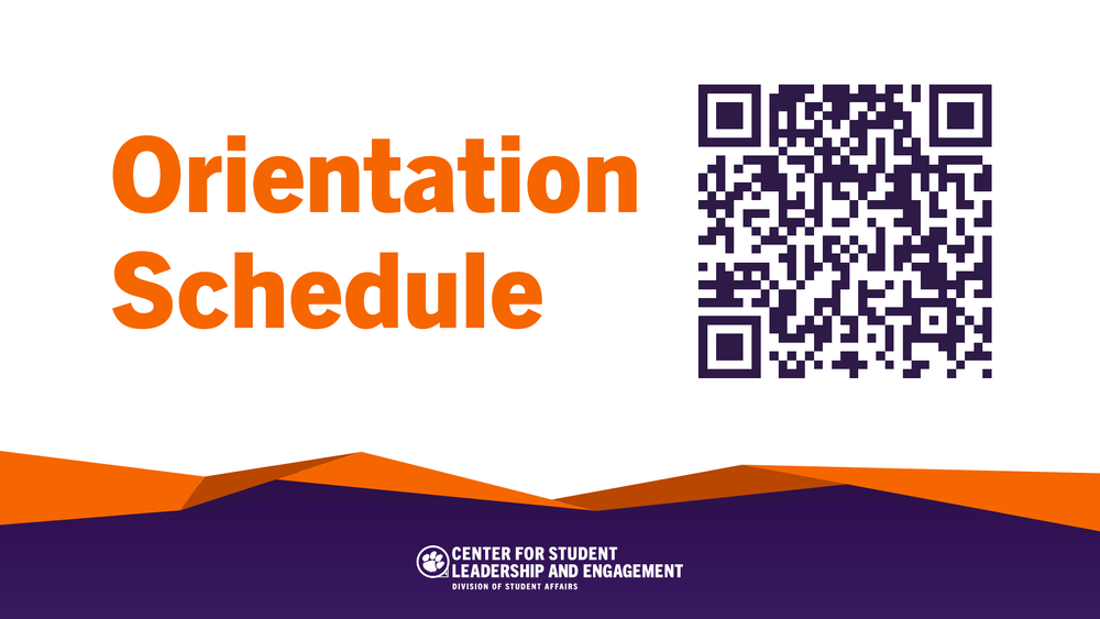 Orange and purple orientation schedule banner with QR code for Clemson University.