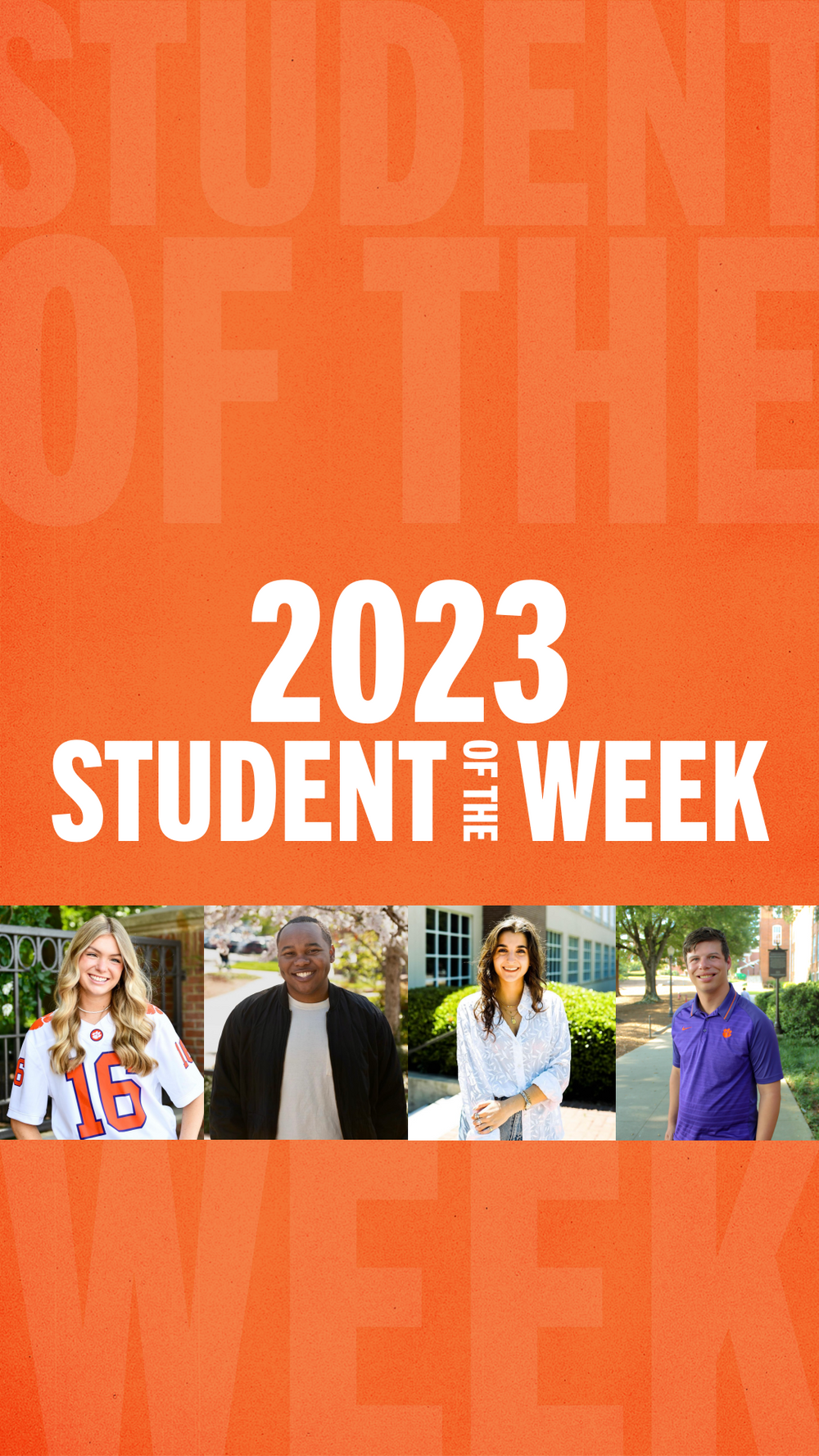 Orange promotional graphic for 2023 Student of the Week program.