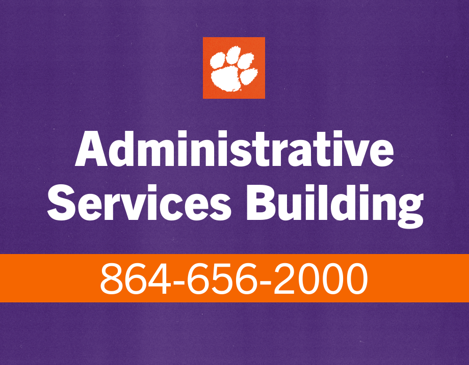 Purple and orange Clemson University Administrative Services Building sign with contact information.