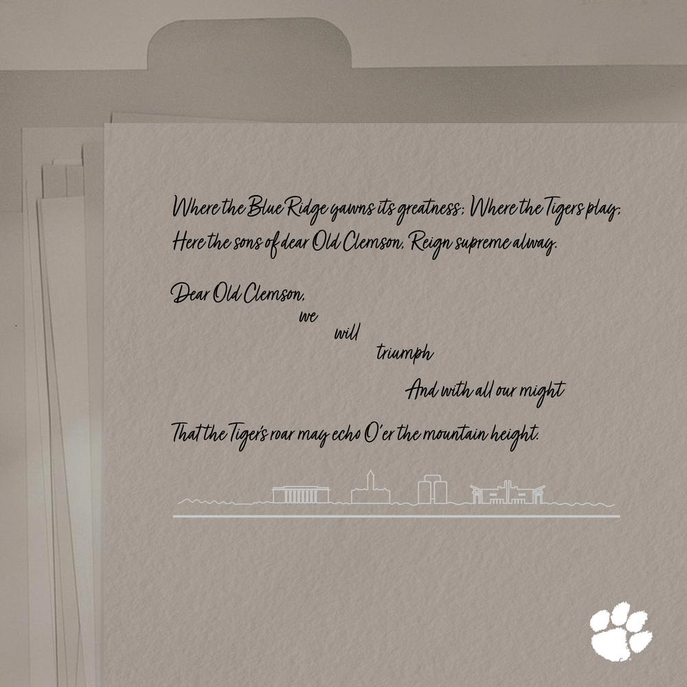 Handwritten quote on paper about Blue Ridge mountains with Clemson paw print watermark.