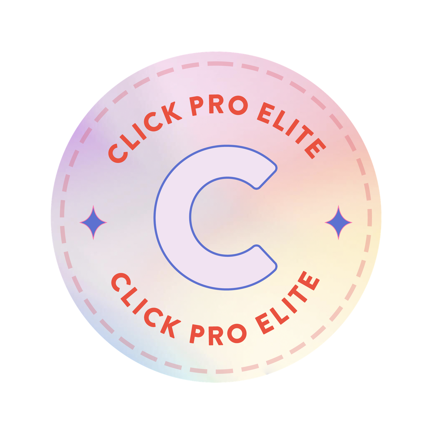 A circular gradient logo design for Click Pro Elite with stars and text in pink and blue tones.
