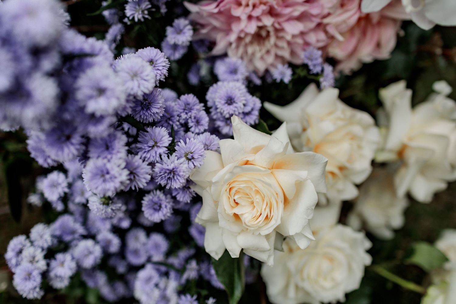 Close-up of purple wildflowers and cream roses in a delicate floral arrangement.