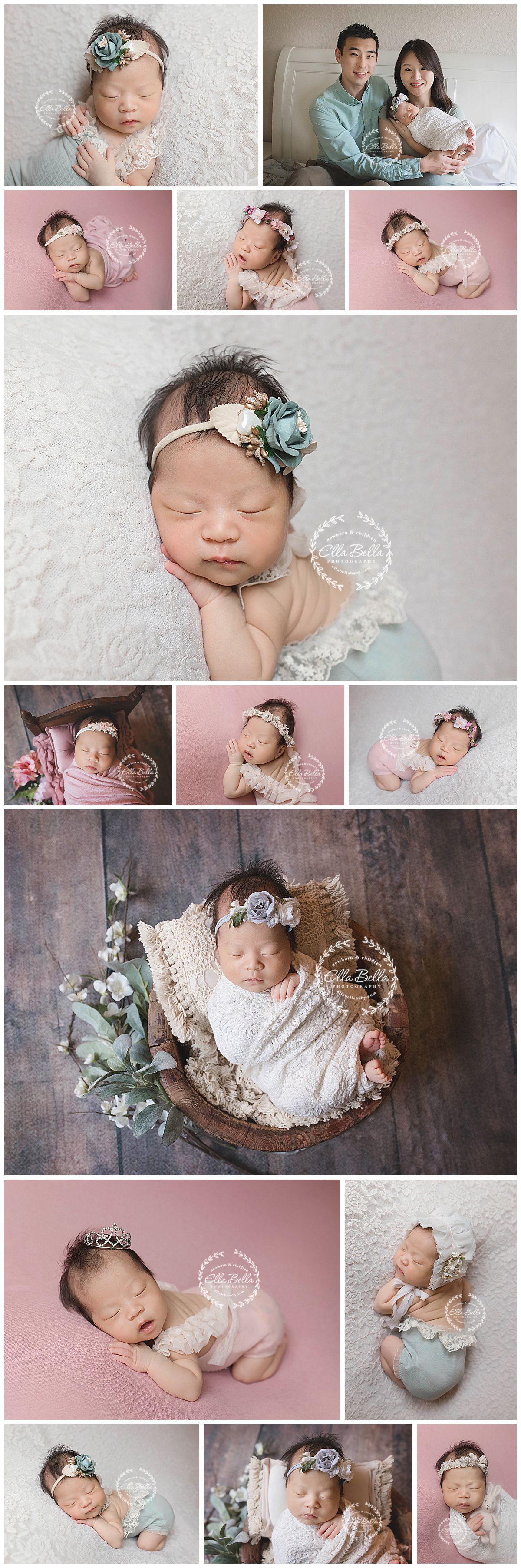 Newborn photo session collage featuring baby girl in floral headbands and family portraits.