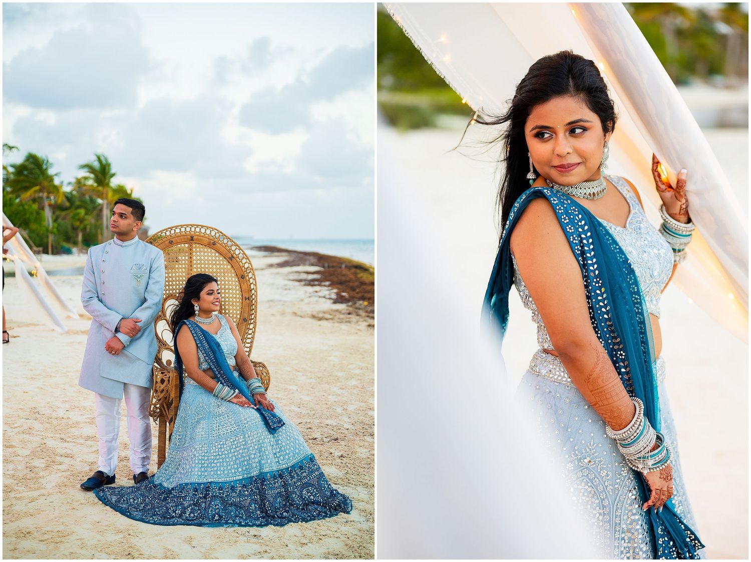 A couple in traditional Indian attire poses on a tropical beach for wedding photos.