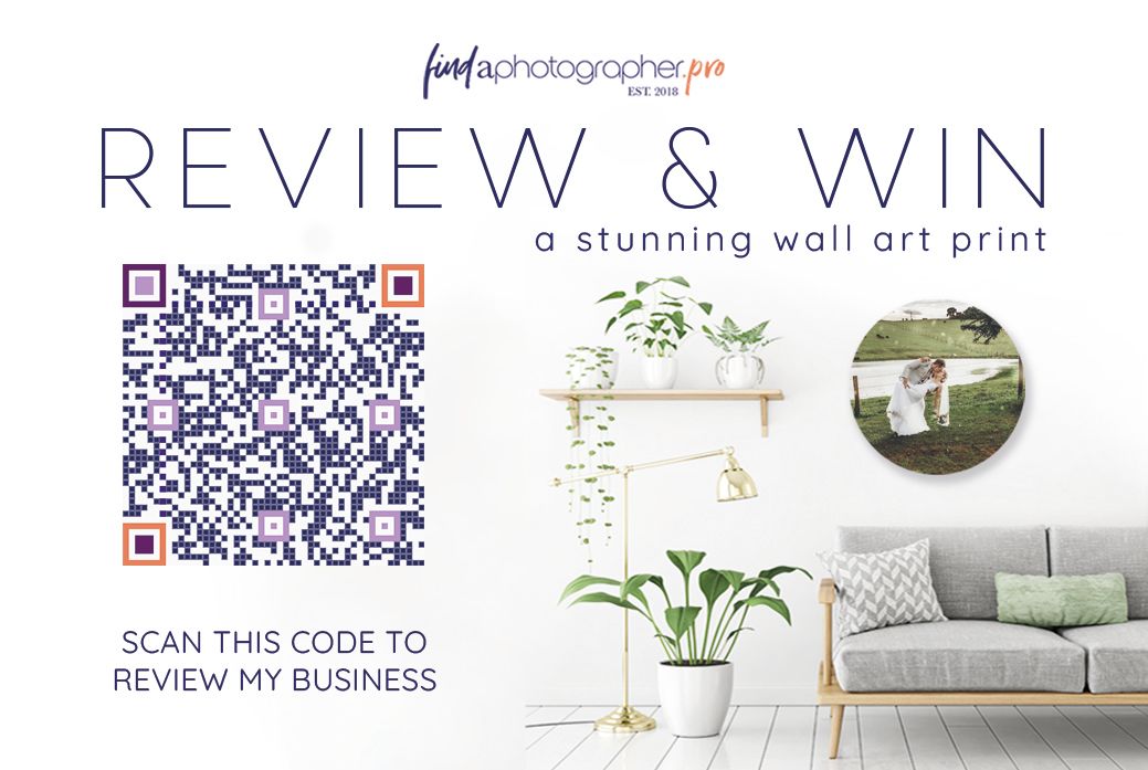 Marketing image showing QR code and wall art samples with modern home decor.