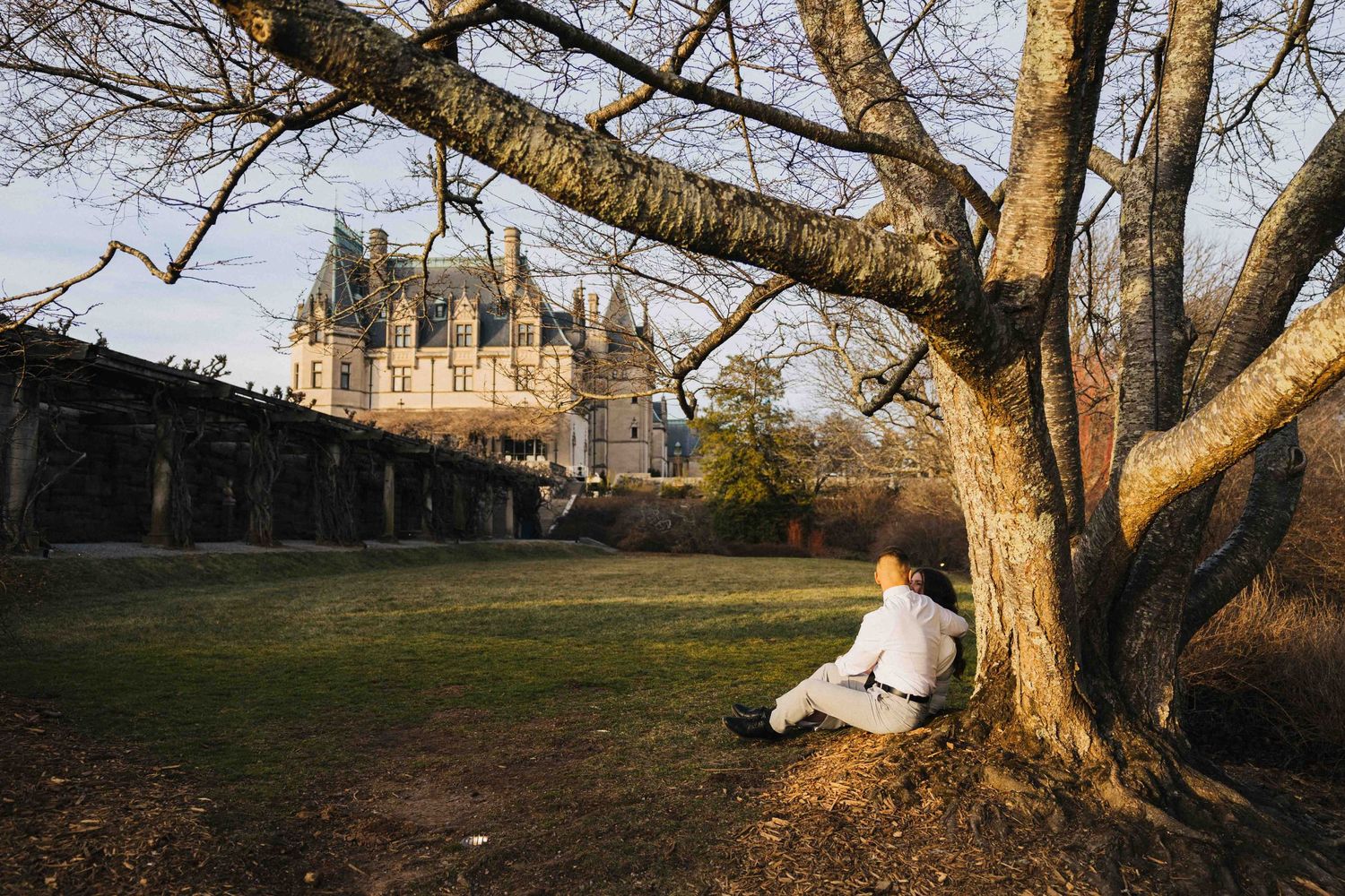 couple sitting on hill by Biltmore estate for engagement photos